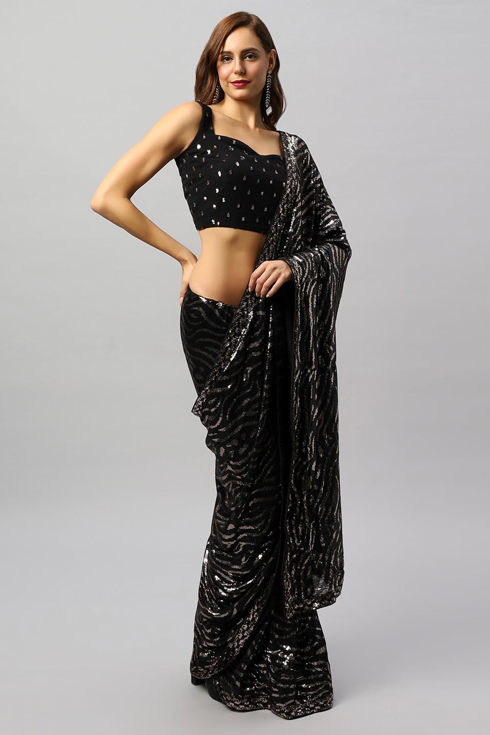 Mila Luxe Black & Rose Gold Sequin One Minute Saree
