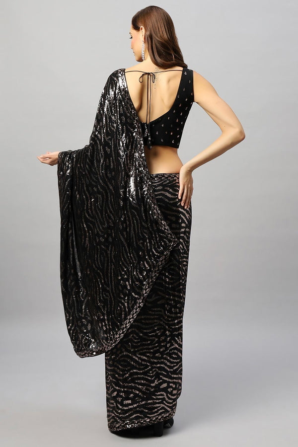 Mila Luxe Black & Rose Gold Sequin One Minute Saree