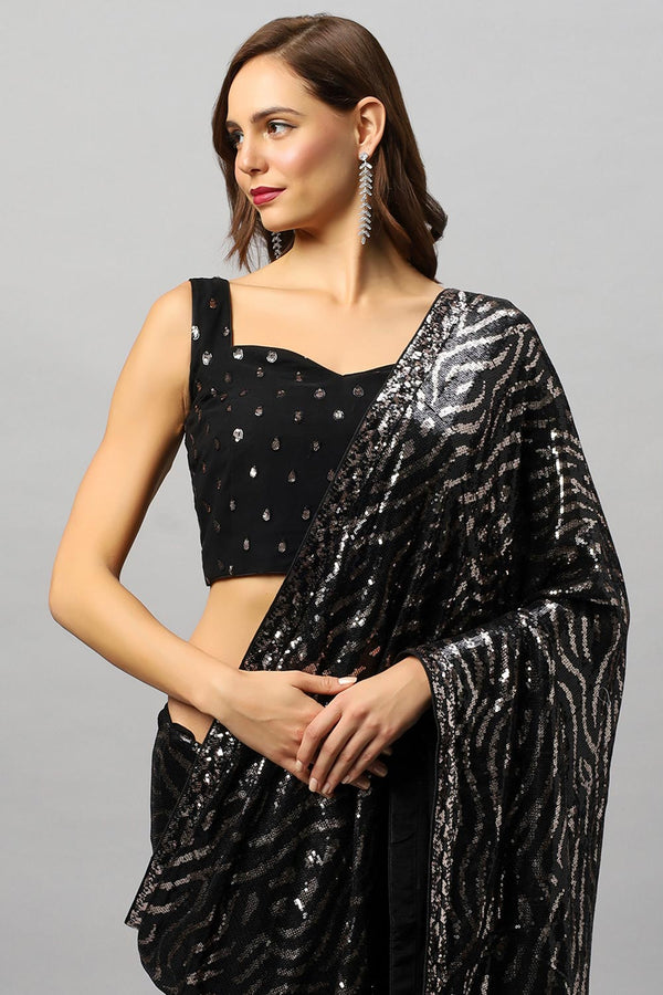 Mila Luxe Black & Rose Gold Sequin One Minute Saree