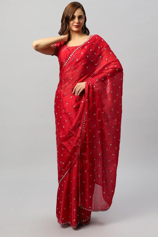 Amelia Luxe Red Tissue Silk With Stone Work One Minute Saree
