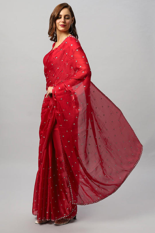 Amelia Luxe Red Tissue Silk With Stone Work One Minute Saree