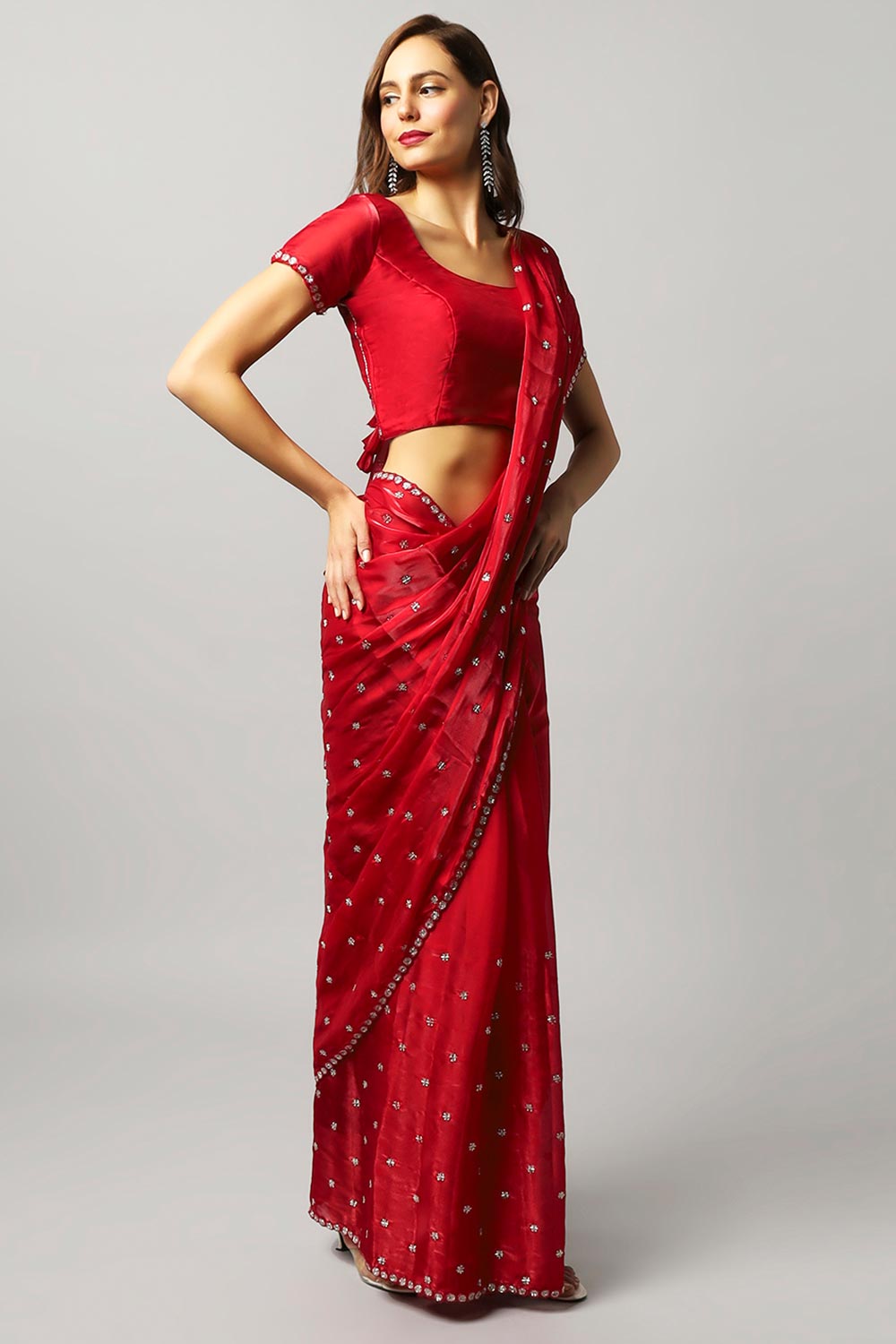 Amelia Luxe Red Tissue Silk With Stone Work One Minute Saree