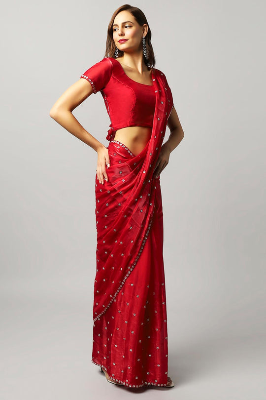 Amelia Luxe Red Tissue Silk With Stone Work One Minute Saree