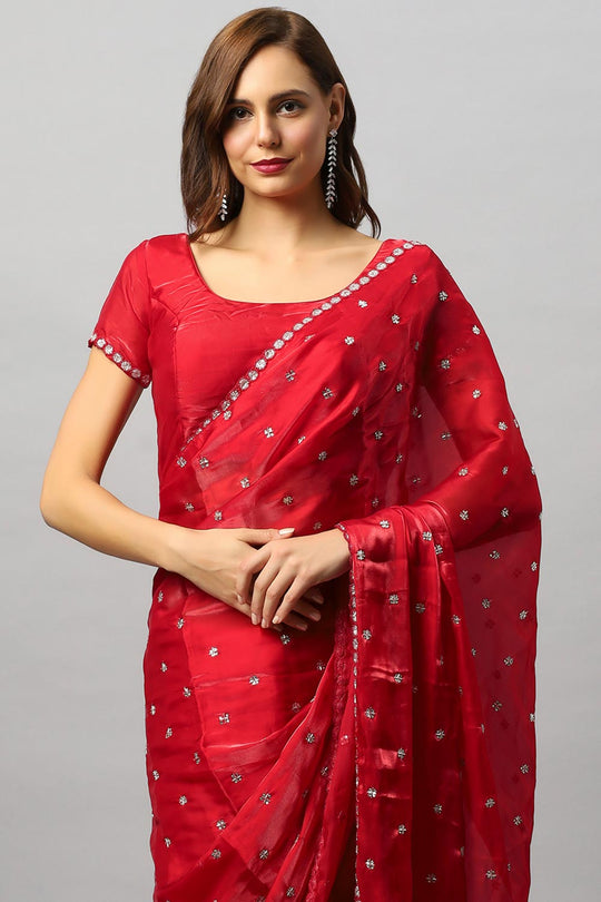 Amelia Luxe Red Tissue Silk With Stone Work One Minute Saree