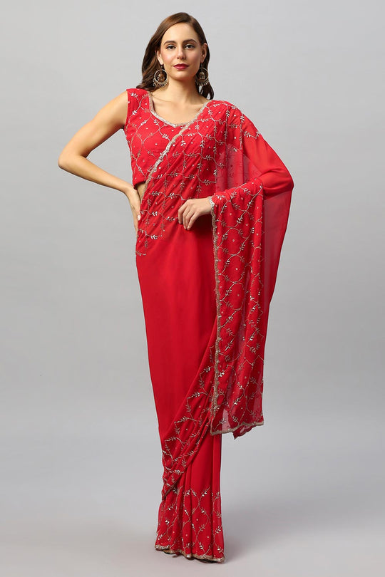 Ava Luxe Red Pure Georgette With Gold Bead Work One Minute Saree