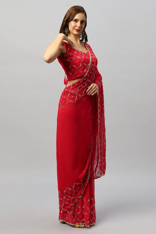 Ava Luxe Red Pure Georgette With Gold Bead Work One Minute Saree
