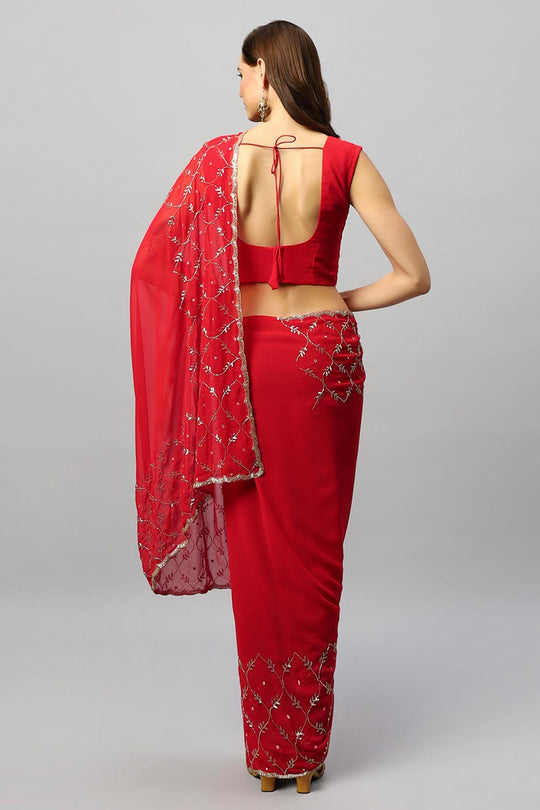 Ava Luxe Red Pure Georgette With Gold Bead Work One Minute Saree