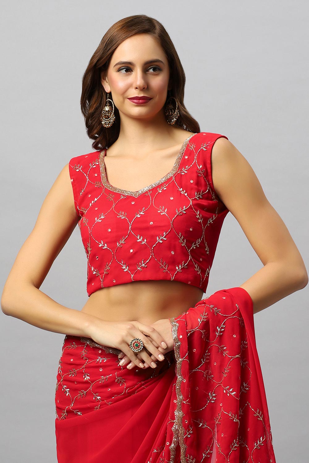 Ava Luxe Red Pure Georgette With Gold Bead Work One Minute Saree