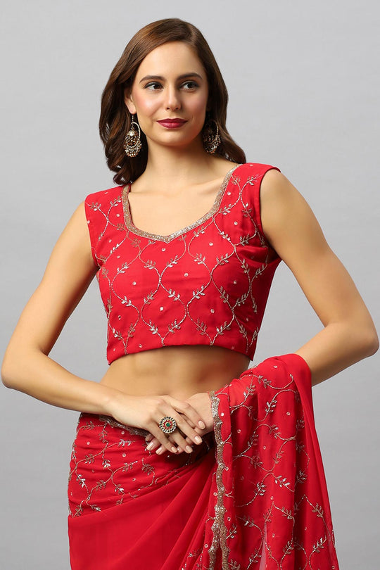 Ava Luxe Red Pure Georgette With Gold Bead Work One Minute Saree