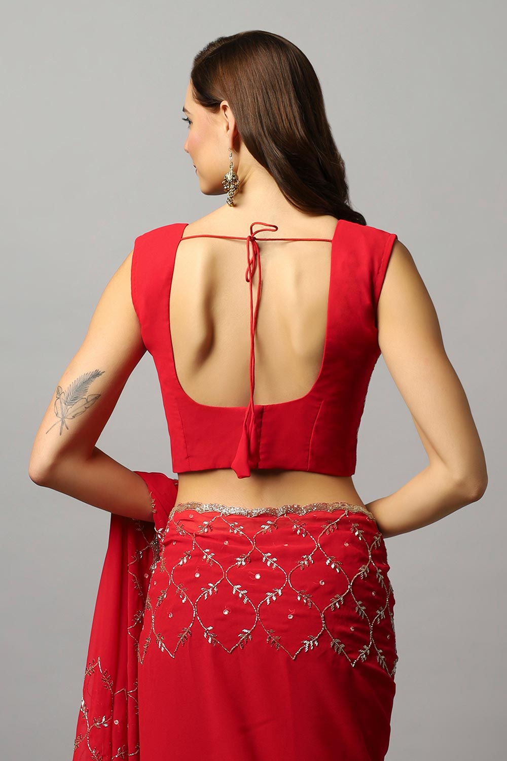 Ava Luxe Red Pure Georgette With Gold Bead Work One Minute Saree