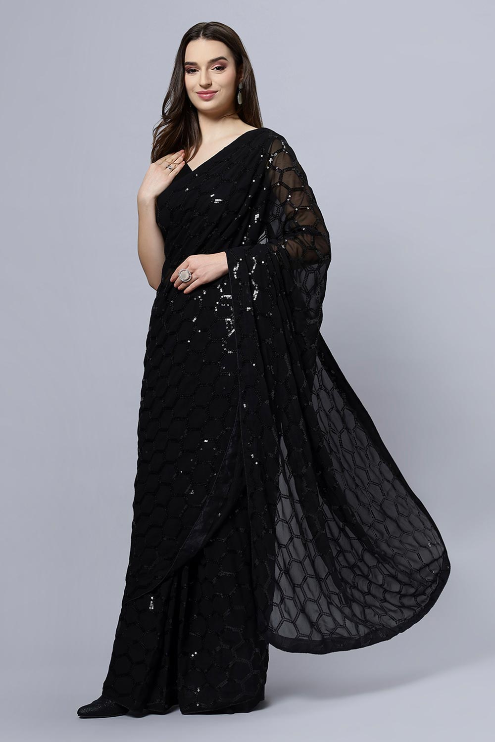 Anna Black Faux Georgette Sequins One Minute Saree