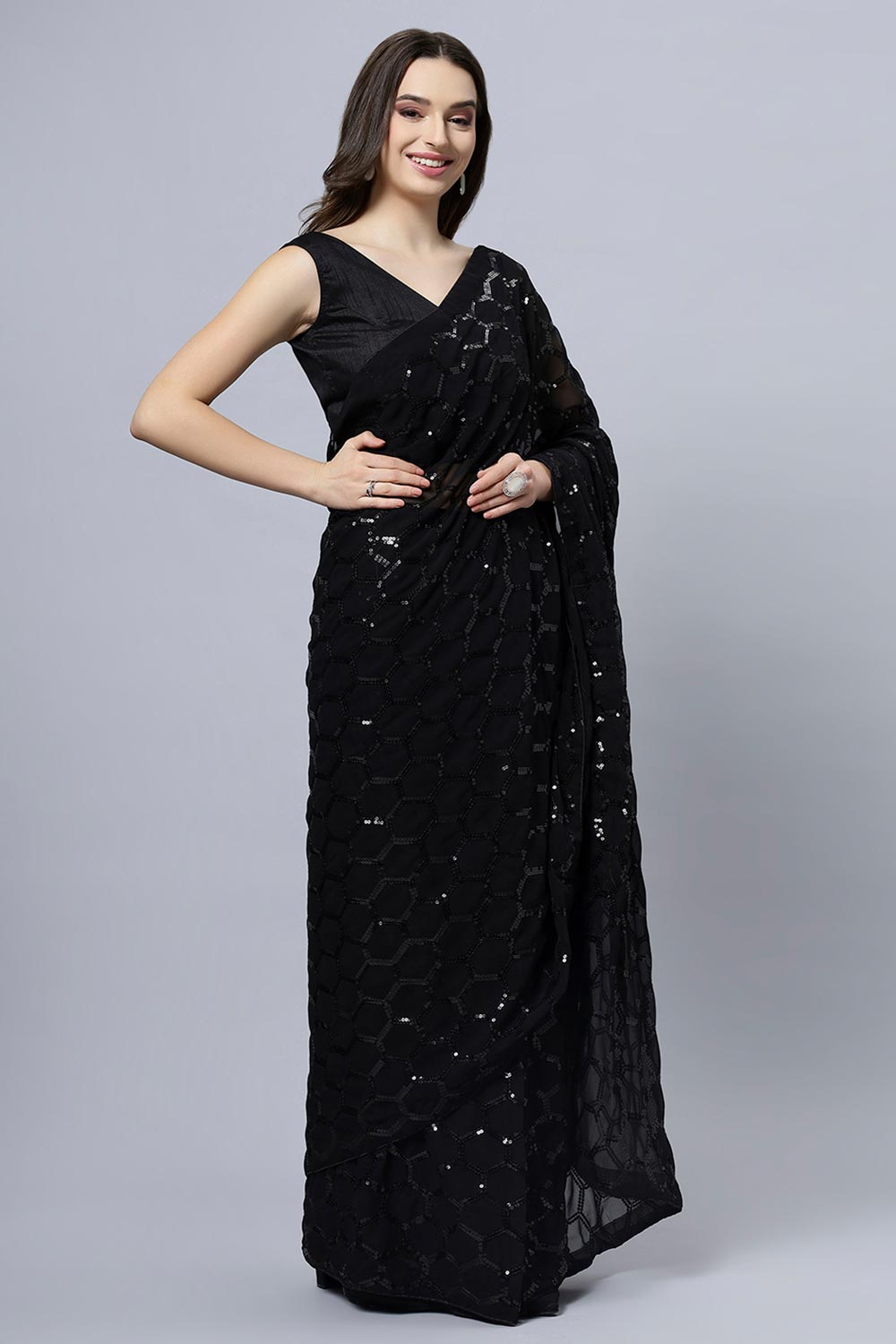 Anna Black Faux Georgette Sequins One Minute Saree