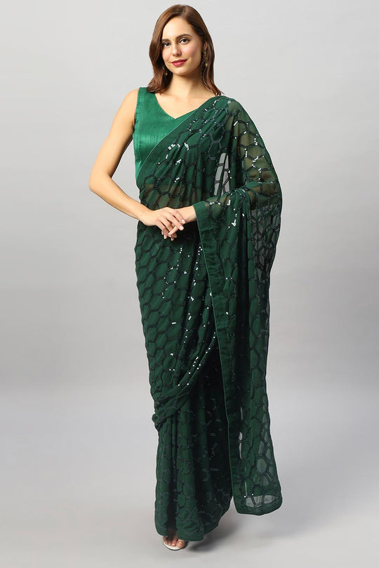 Ranya Emerald Green Faux Georgette Sequins One Minute Saree