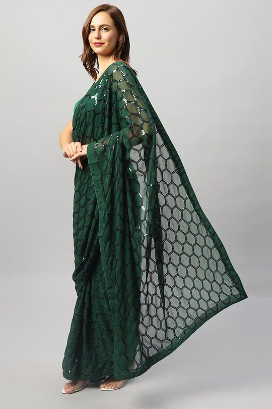 Ranya Emerald Green Faux Georgette Sequins One Minute Saree
