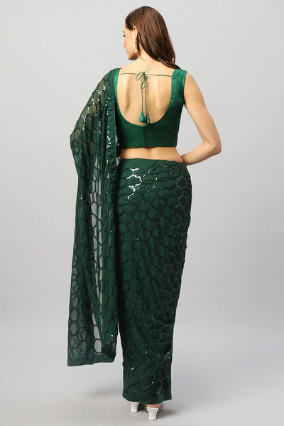 Ranya Emerald Green Faux Georgette Sequins One Minute Saree