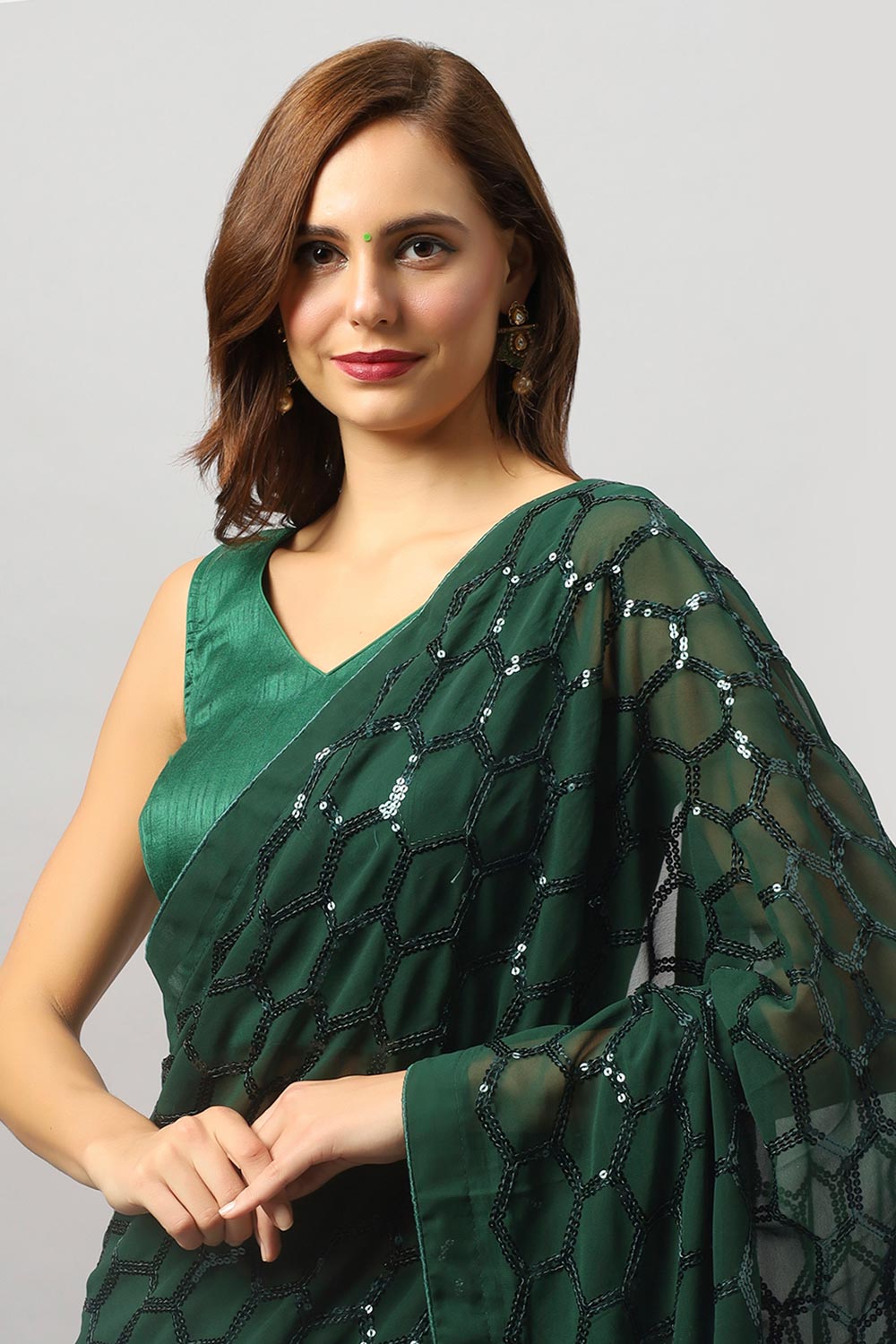 Ranya Emerald Green Faux Georgette Sequins One Minute Saree