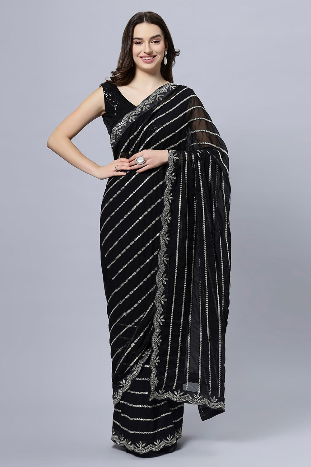 Briony Black & Silver Mirror Work Georgette One Minute Saree