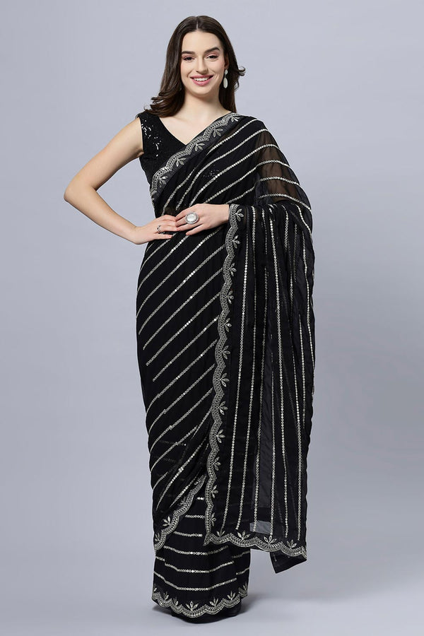Briony Black & Silver Mirror Work Georgette One Minute Saree