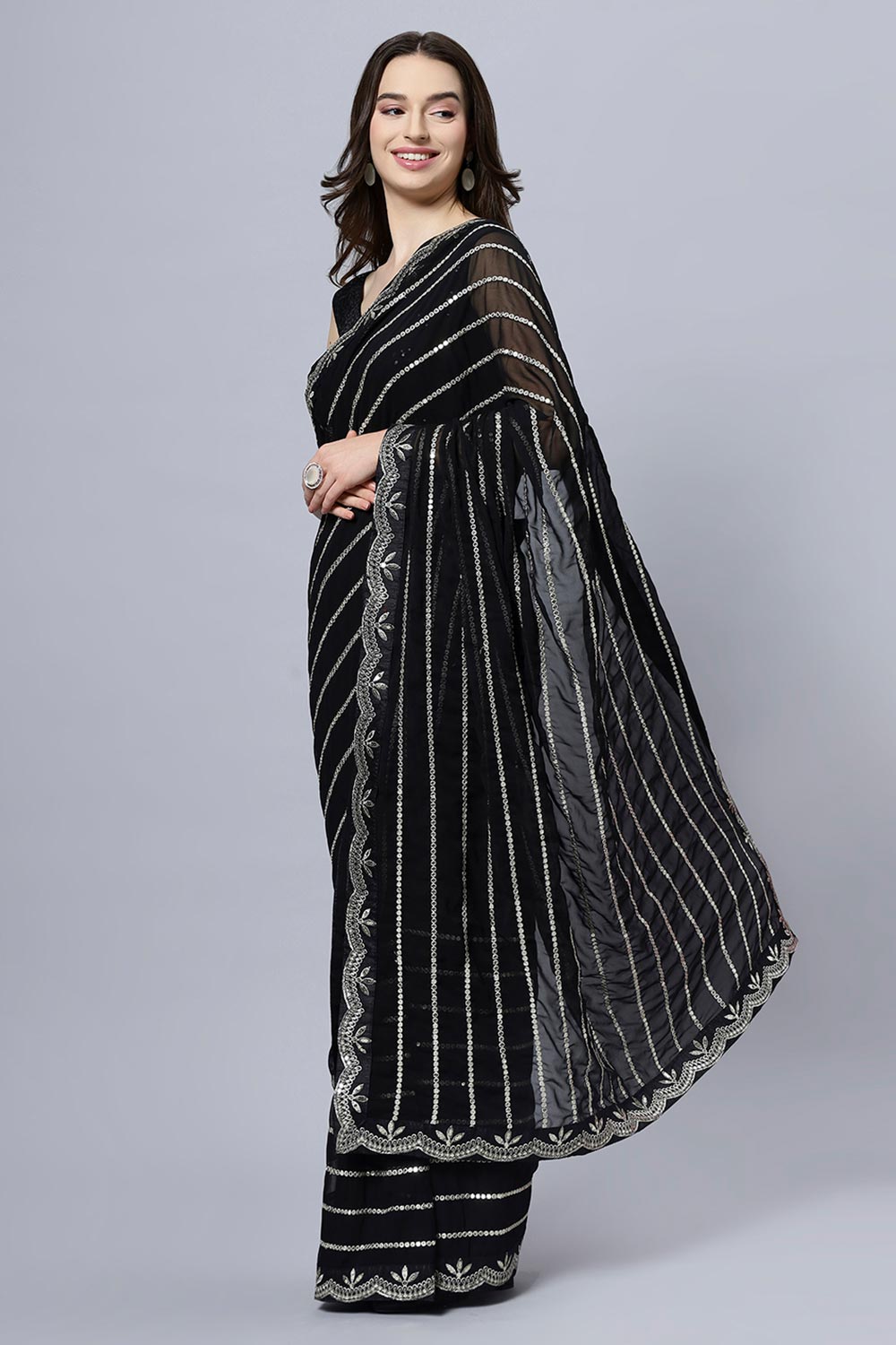 Briony Black & Silver Mirror Work Georgette One Minute Saree