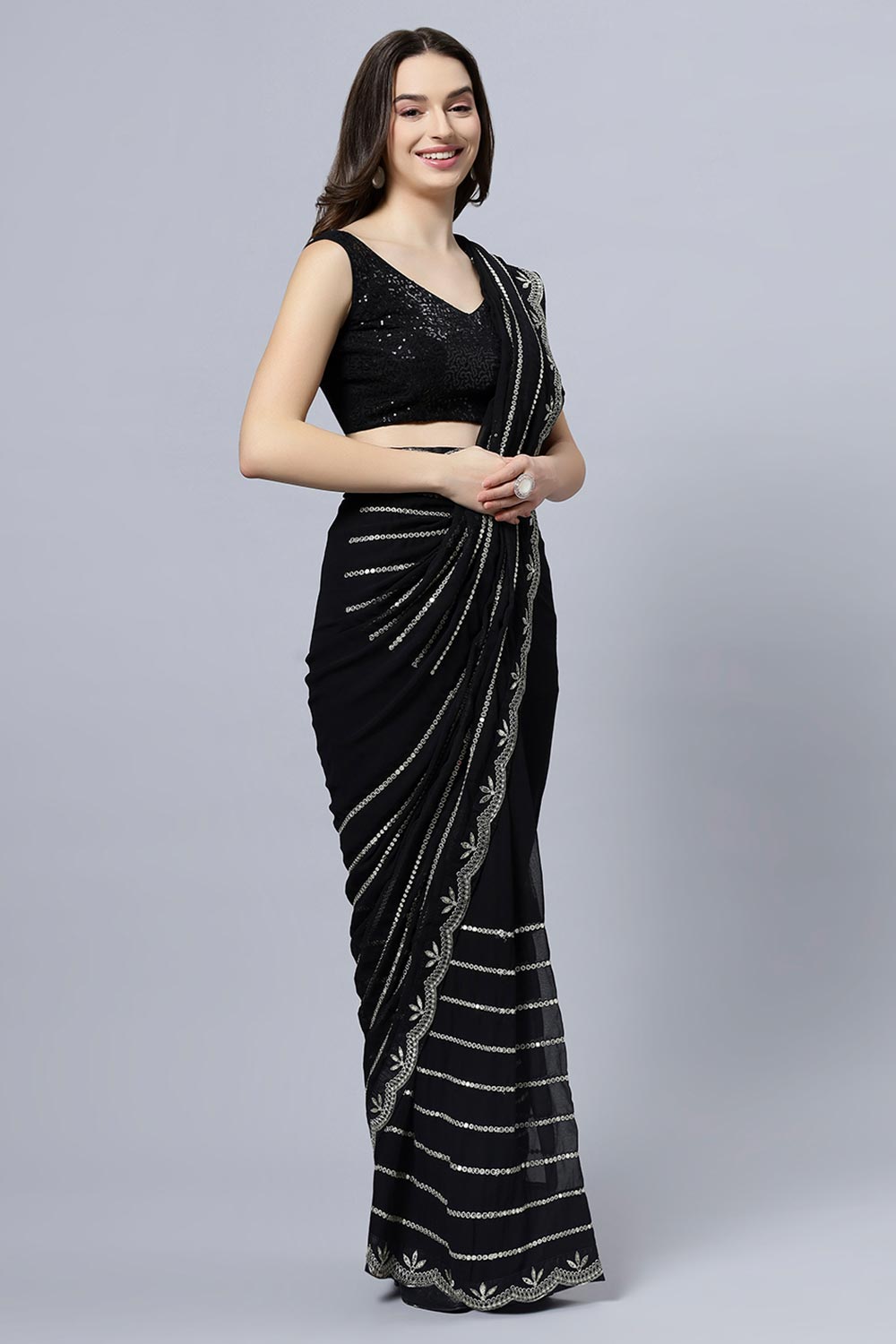 Briony Black Georgette Mirror Work Ready to Wear One Minute Saree