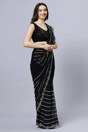 Briony Black & Silver Mirror Work Georgette One Minute Saree