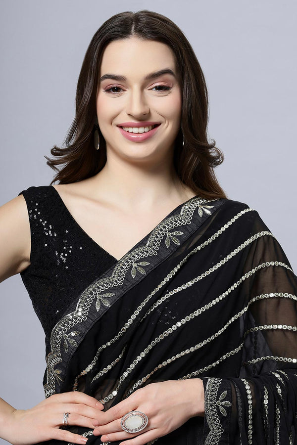 Briony Black & Silver Mirror Work Georgette One Minute Saree
