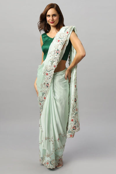 Sheena Crepe Silk Embroidered Pastel Green One Minute Saree