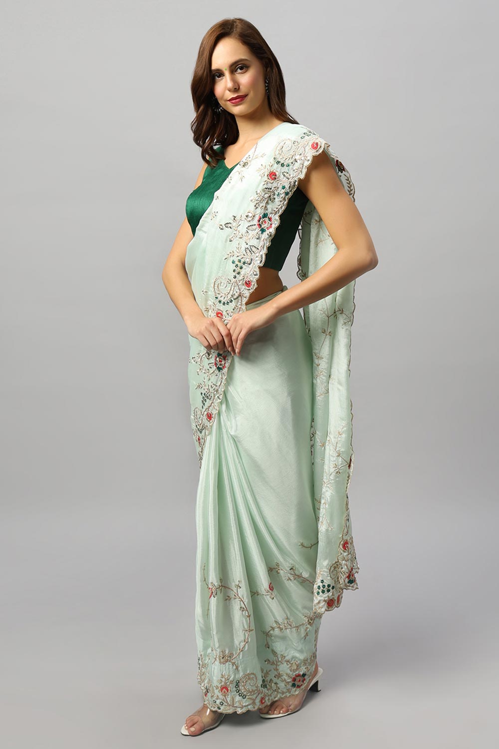 Sheena Crepe Silk Embroidered Pastel Green One Minute Saree