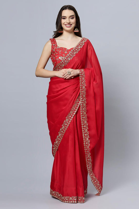 Madhuri Red Crepe Silk Solid Ready to Wear One Minute Saree