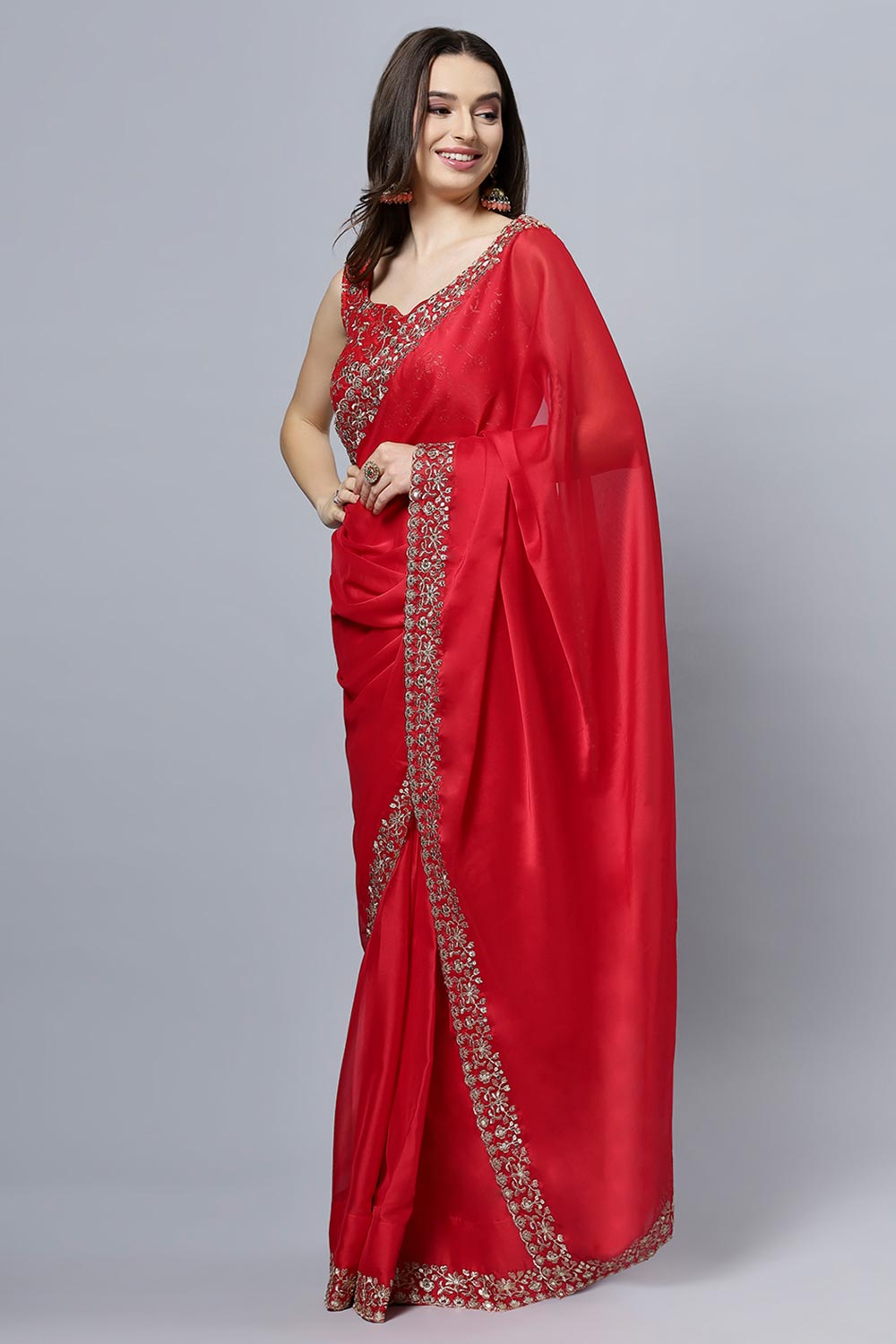 Madhuri Red Crepe Silk Solid Ready to Wear One Minute Saree