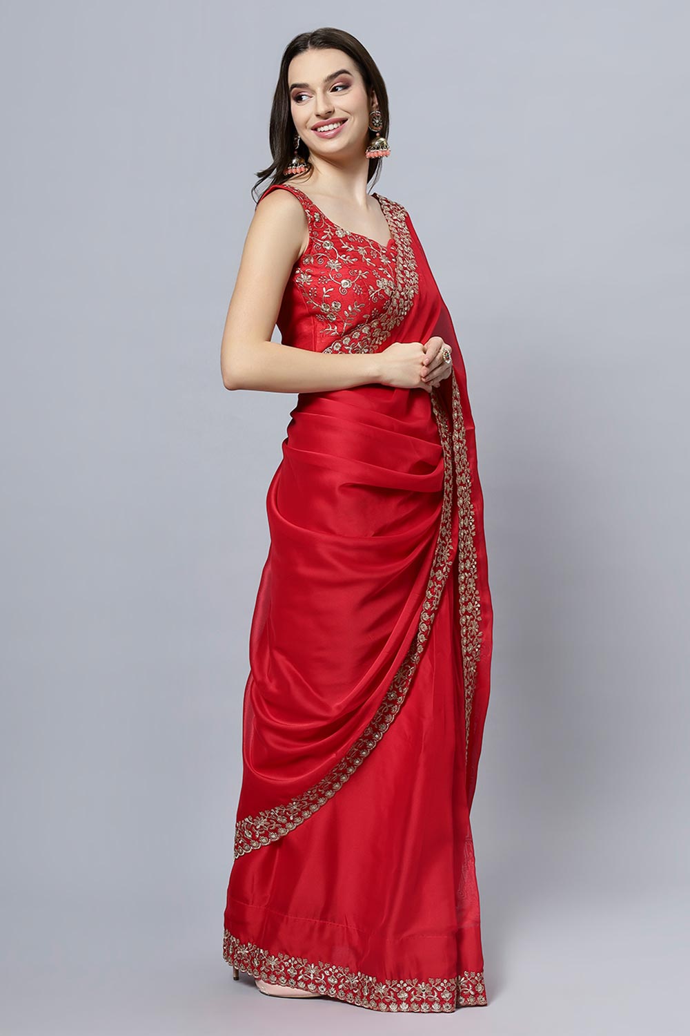 Madhuri Red Crepe Silk Solid Ready to Wear One Minute Saree