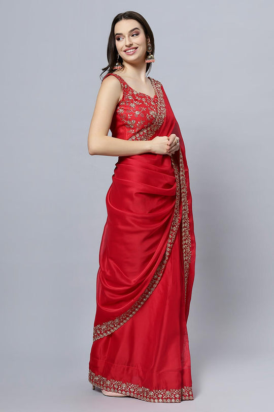 Madhuri Red Crepe Silk Solid Ready to Wear One Minute Saree