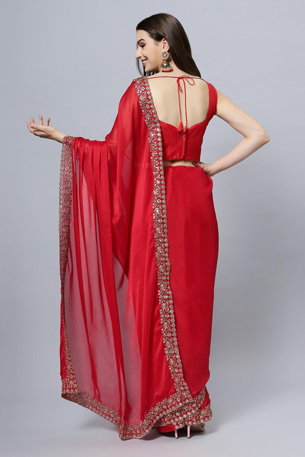 Madhuri Red Crepe Silk Solid Ready to Wear One Minute Saree