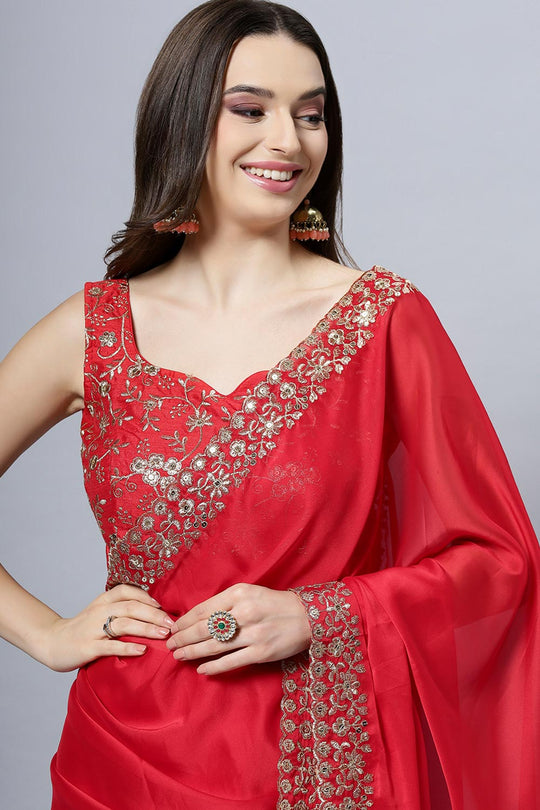 Madhuri Red Crepe Silk Solid Ready to Wear One Minute Saree