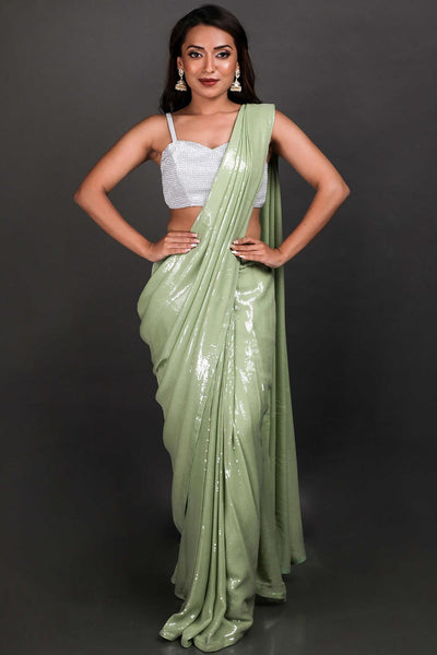 Halena Light Green Viscose Georgette Sequins Ready to Wear One Minute Saree