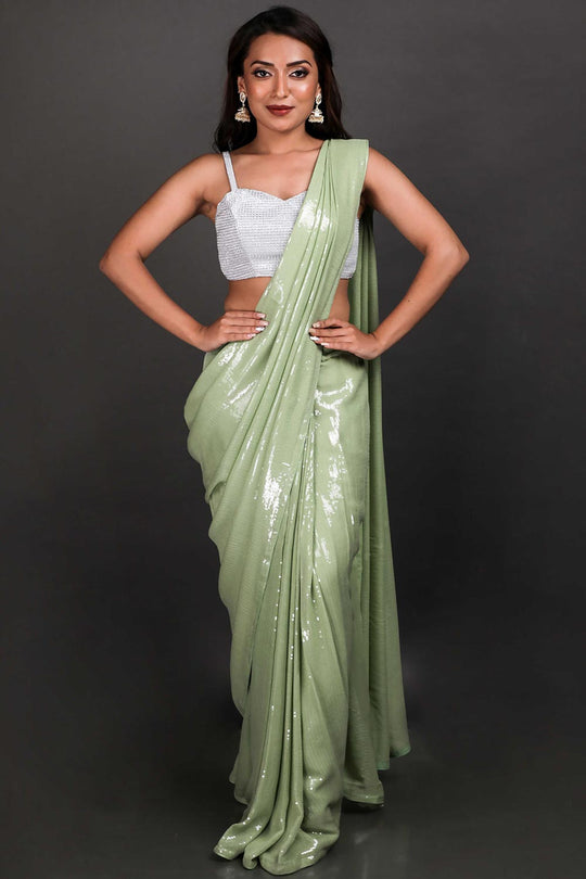 Halena Light Green Viscose Georgette Sequins Ready to Wear One Minute Saree