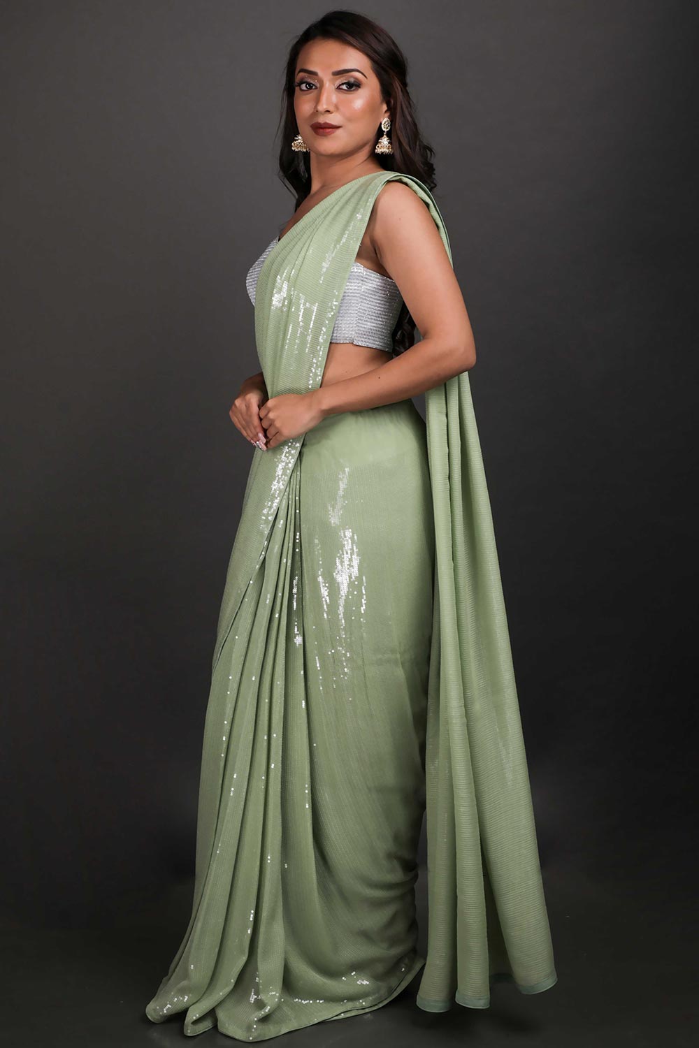 Halena Pastel Light Green Viscose Georgette Water Sequins One Minute Saree