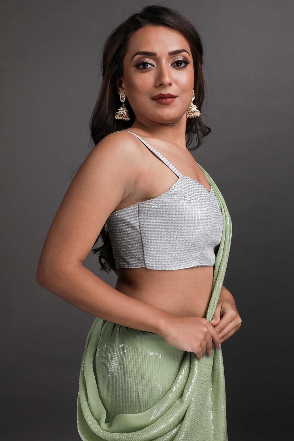 Halena Light Green Viscose Georgette Sequins Ready to Wear One Minute Saree