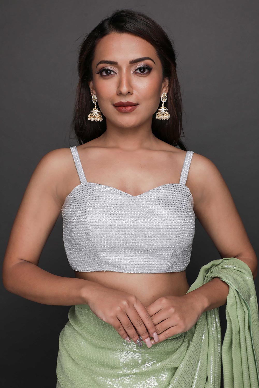 Halena Light Green Viscose Georgette Sequins Ready to Wear One Minute Saree