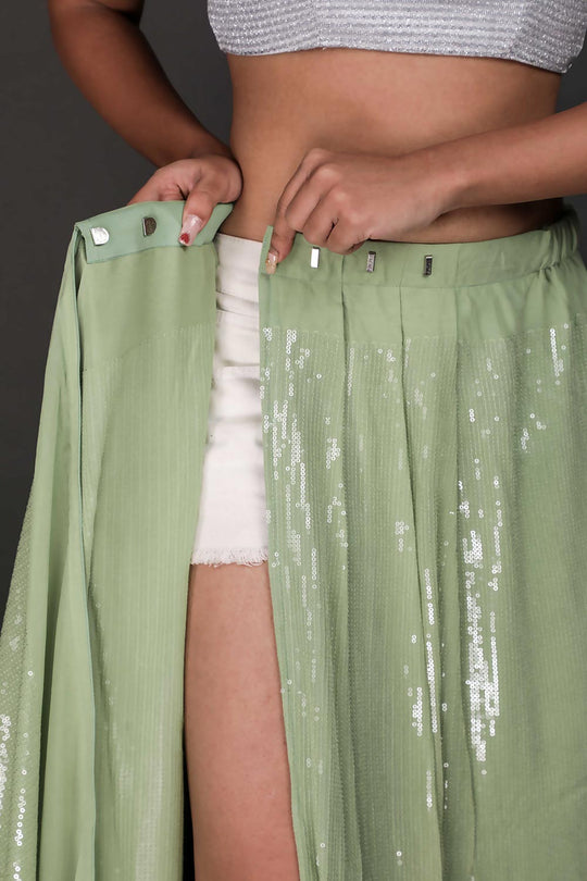 Halena Light Green Viscose Georgette Sequins Ready to Wear One Minute Saree