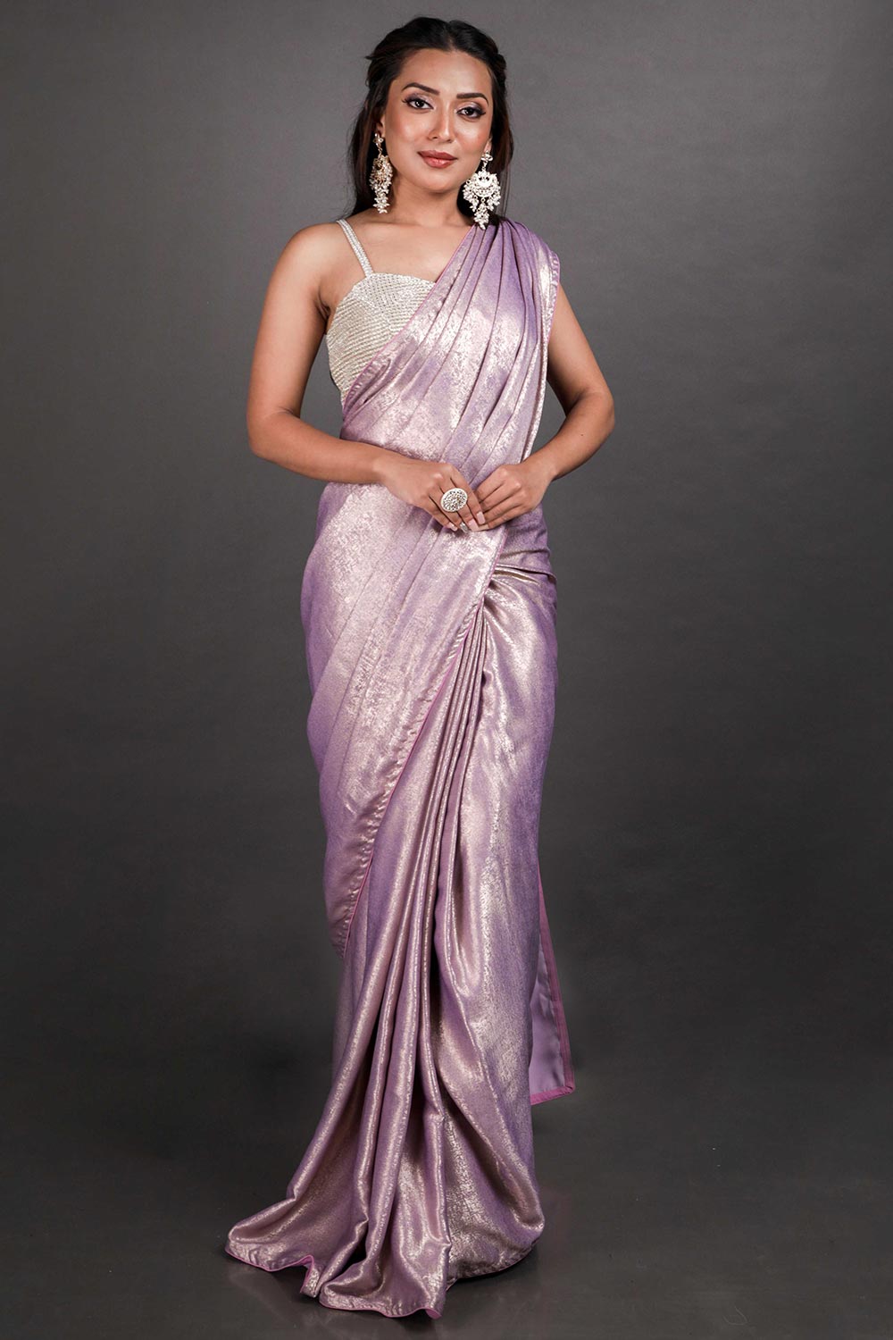 Luna Lilac Gold Shimmer Crepe One Minute Saree