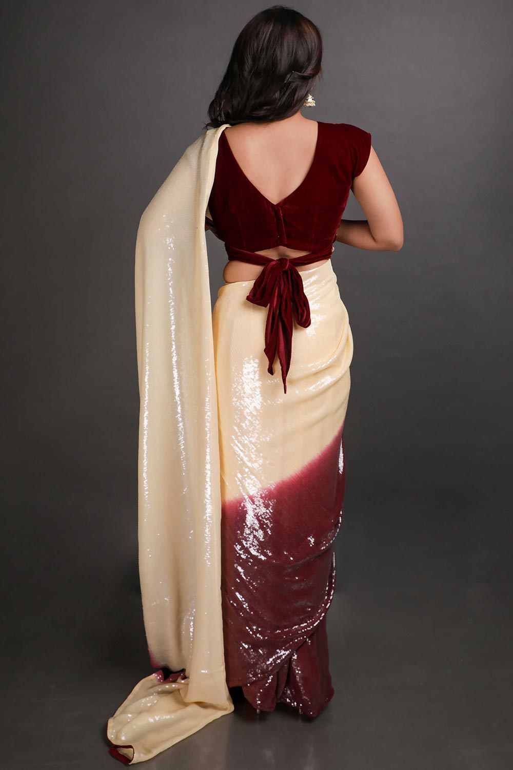 Bianca Beige and Burgundy Ombre Clear Sequins One Minute Saree