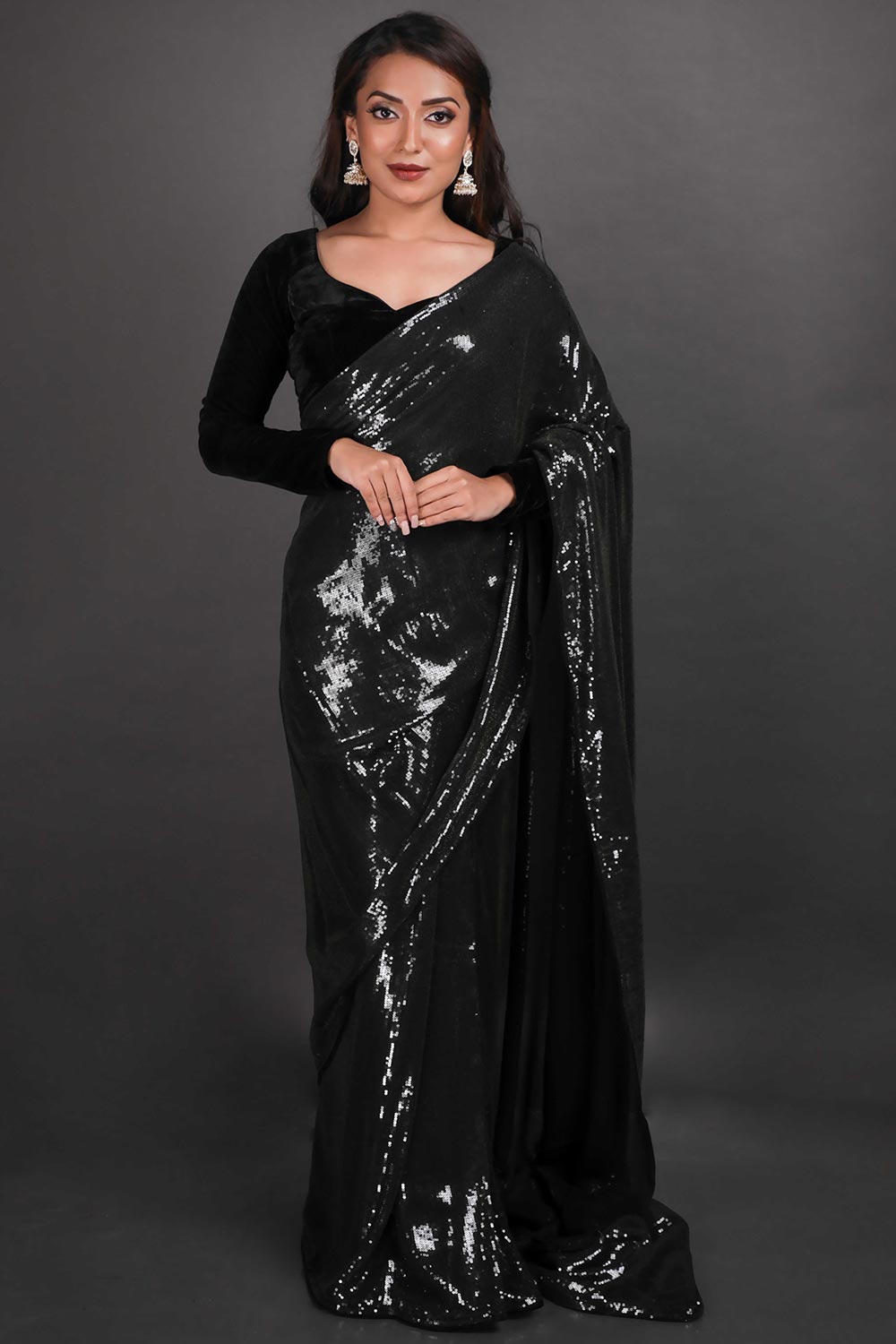 Elana Black Viscose Georgette Sequins One Minute Saree