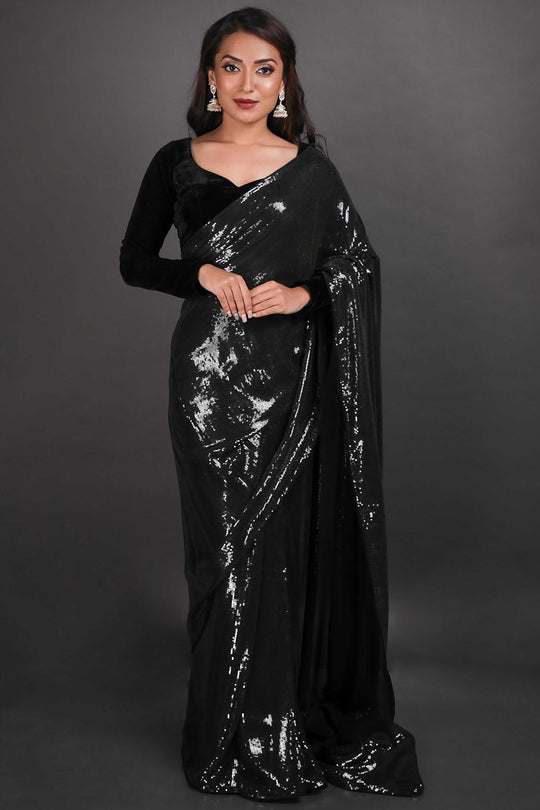 Elana Black Viscose Georgette Sequins Ready to Wear One Minute Saree