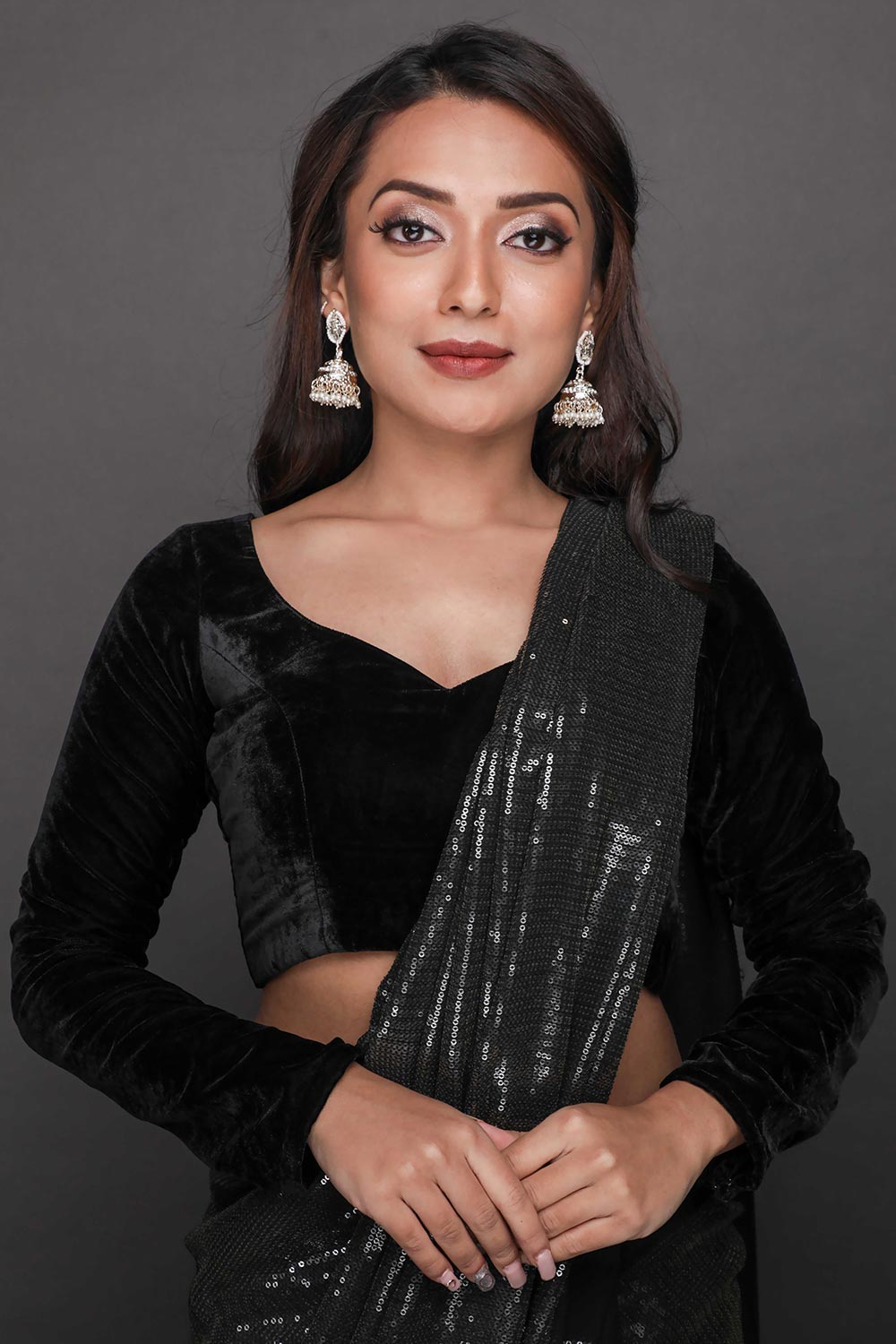 Elana Black Viscose Georgette Sequins Ready to Wear One Minute Saree