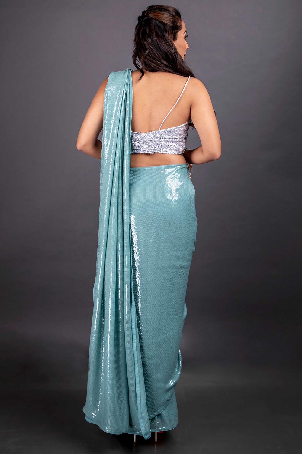 Firoja Blue Viscose Sequins Ready to Wear One Minute Saree