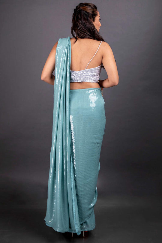 Firoja Blue Viscose Sequins Ready to Wear One Minute Saree