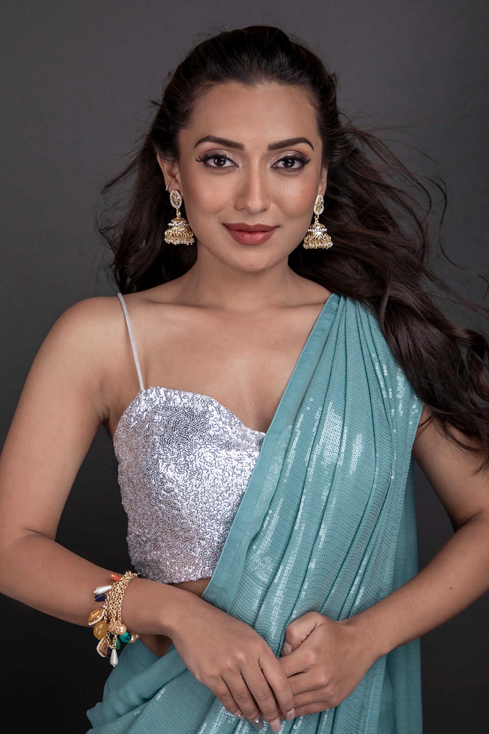 Firoja Blue Viscose Sequins Ready to Wear One Minute Saree