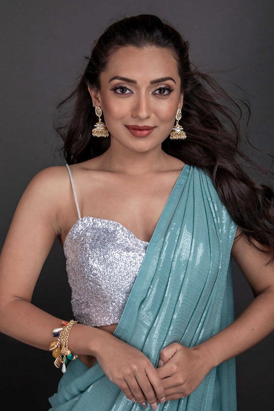 Firoja Blue Viscose Sequins Ready to Wear One Minute Saree