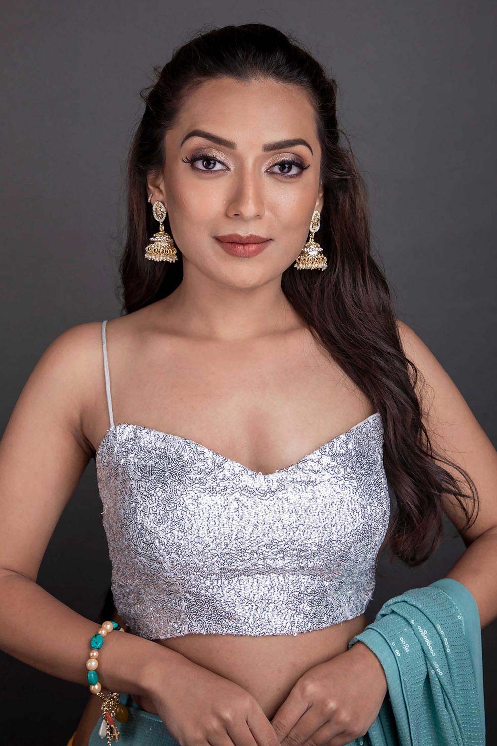 Firoja Blue Viscose Sequins Ready to Wear One Minute Saree